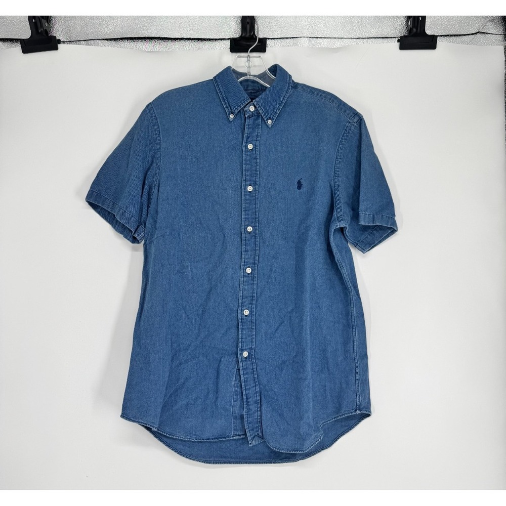 Polo Ralph Lauren Shirt Mens Medium Jean Denim Short Sleeve Button Down Pony